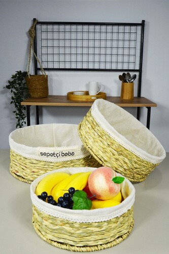 SepetçiBaba - 3 Lü Yuvarlak Krem Çok Amaçlı Sepet Seti