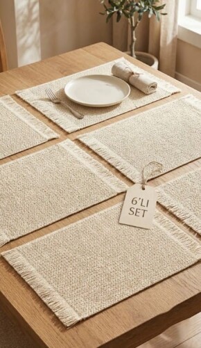 6'lı Set Krem Dikdörtgen Amerikan Servis 45x30 cm Dokuma Supla Takımı - 142 - 1