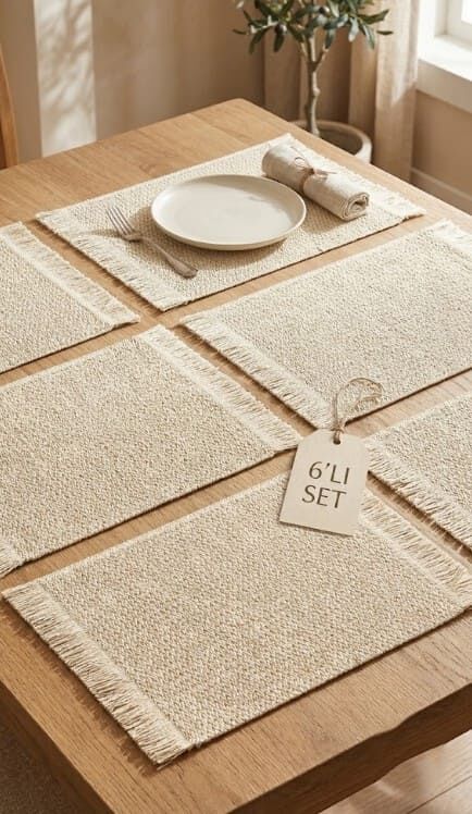 6'lı Set Krem Dikdörtgen Amerikan Servis 45x30 cm Dokuma Supla Takımı - 142 - 1