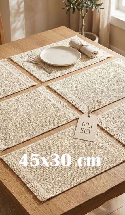 6'lı Set Krem Dikdörtgen Amerikan Servis 45x30 cm Dokuma Supla Takımı - 142 - 2