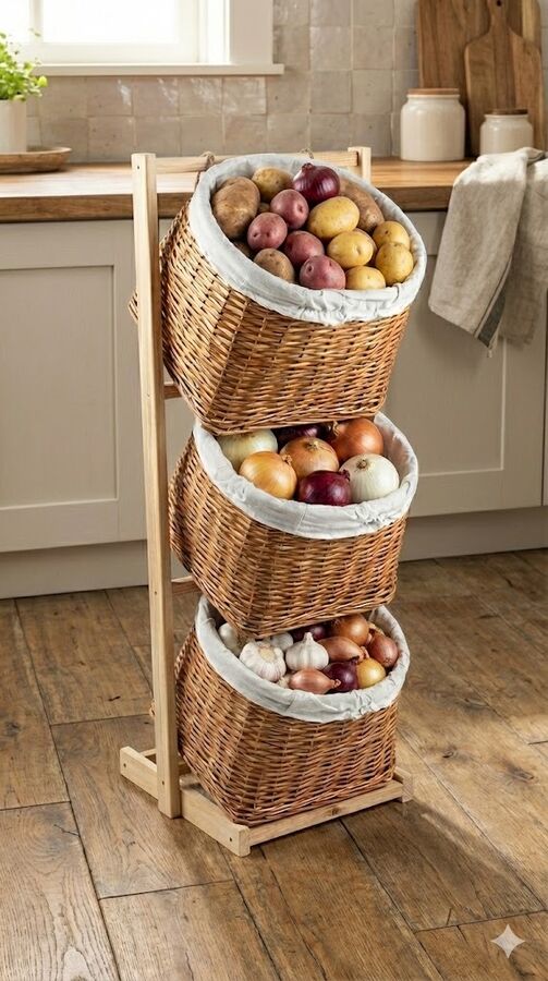 Alessi - 3 Katlı Hasır Sebzelik Meyvelik Krem - S130