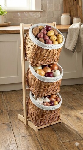 SepetçiBaba - Alessi - 3 Katlı Hasır Sebzelik Meyvelik Krem - S130