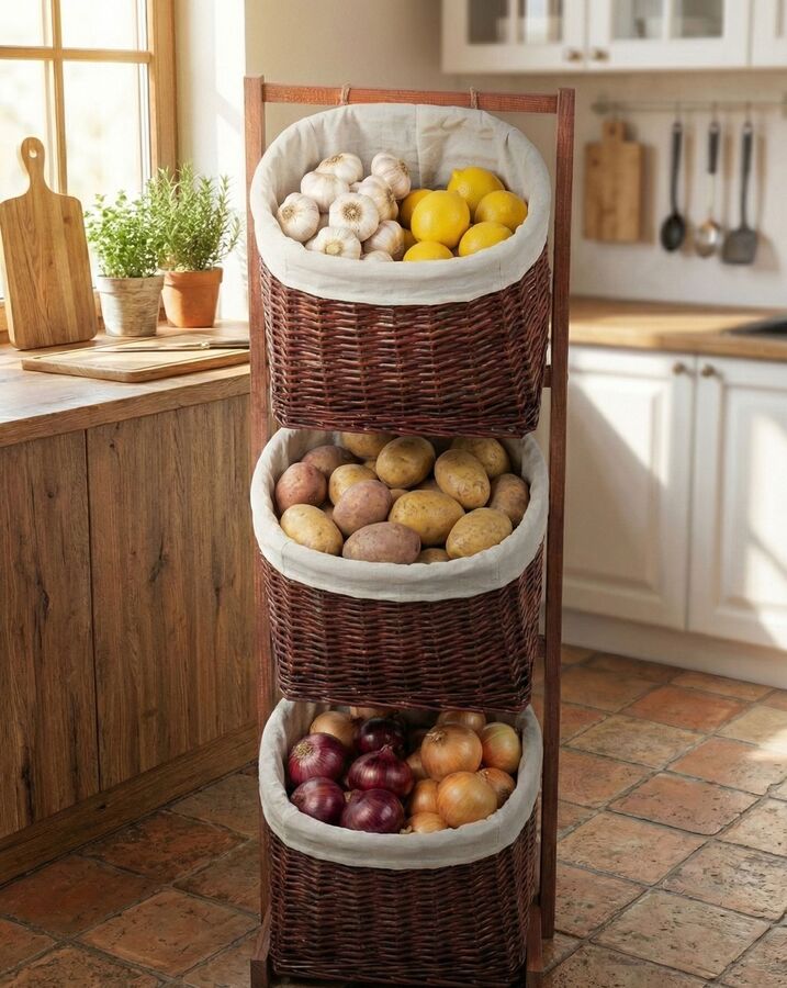Alessi - 3 Katlı Hasır Sebzelik Meyvelik Kahverengi - S130