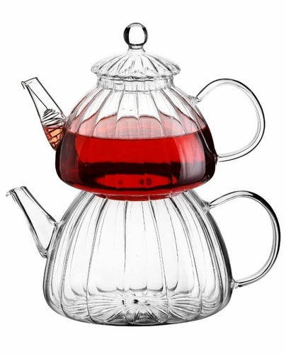 SepetçiBaba - Beyaz Borosilikat Büyük Cam Çaydanlık Takımı Kezze - C03