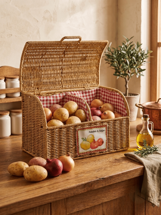 Çift Bölmeli Kapaklı Hasır Patates ve Soğan Sepeti - Pötikare Kumaş Astarlı Düzenleyici - 206 - 2