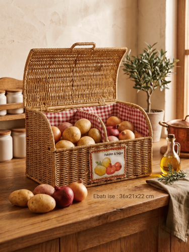 Çift Bölmeli Kapaklı Hasır Patates ve Soğan Sepeti - Pötikare Kumaş Astarlı Düzenleyici - 206 - 3