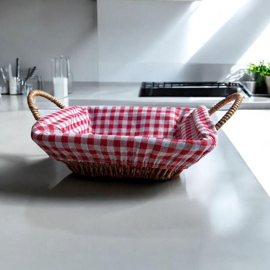 Hasır Görünümlü Plastik Ekmek Sepeti Kulplu Bezli Kare - 607