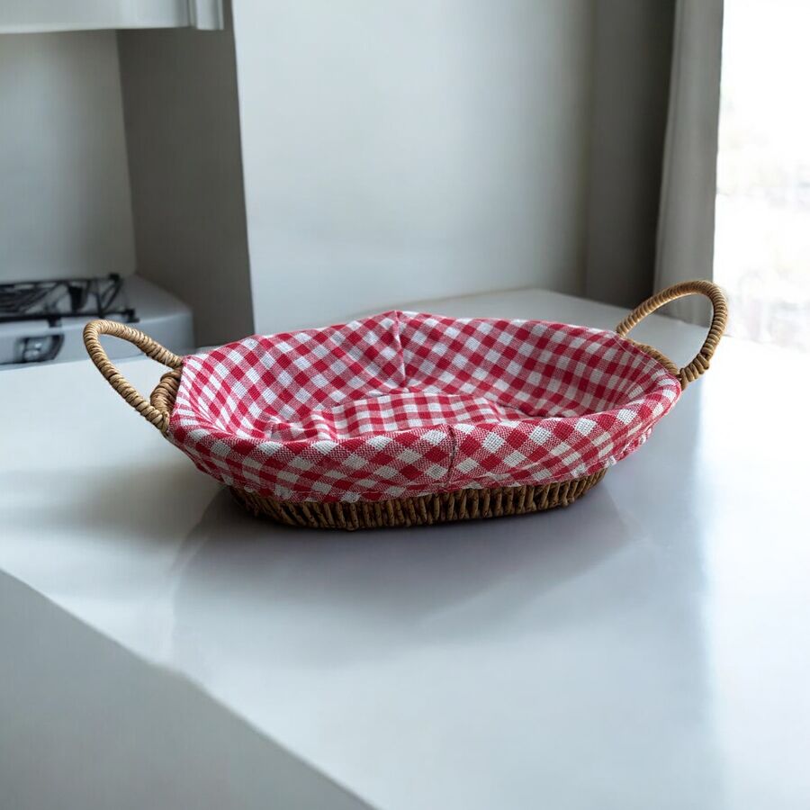 Hasır Görünümlü Plastik Ekmek Sepeti Kulplu Bezli Oval - 602