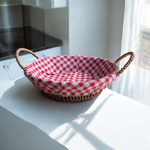 SepetçiBaba - Hasır Görünümlü Plastik Ekmek Sepeti Kulplu Bezli Yuvarlak - 605
