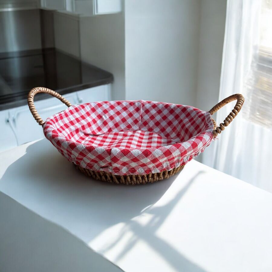 Hasır Görünümlü Plastik Ekmek Sepeti Kulplu Bezli Yuvarlak - 605