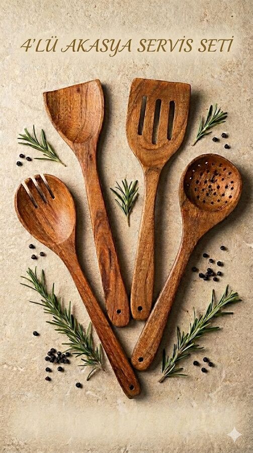 Loki - 4 Adet Akasya Servis Kaşık Seti - A010