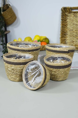 Naturel Hasır Sepet Organizer, Saksı, Mutfak, Banyo 5 Boy Kahve Şerit - P02-3
