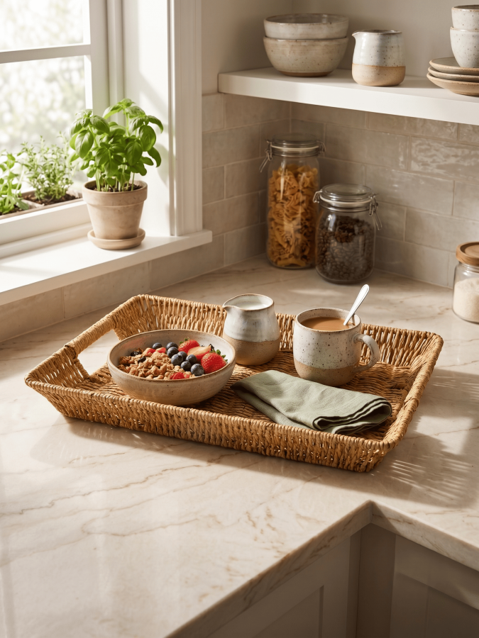 Plastik Hasır Örgülü Kulplu Sunum Tepsisi -Servis ve Organizer Tepsi 37x27x5 cm - 203 - 1
